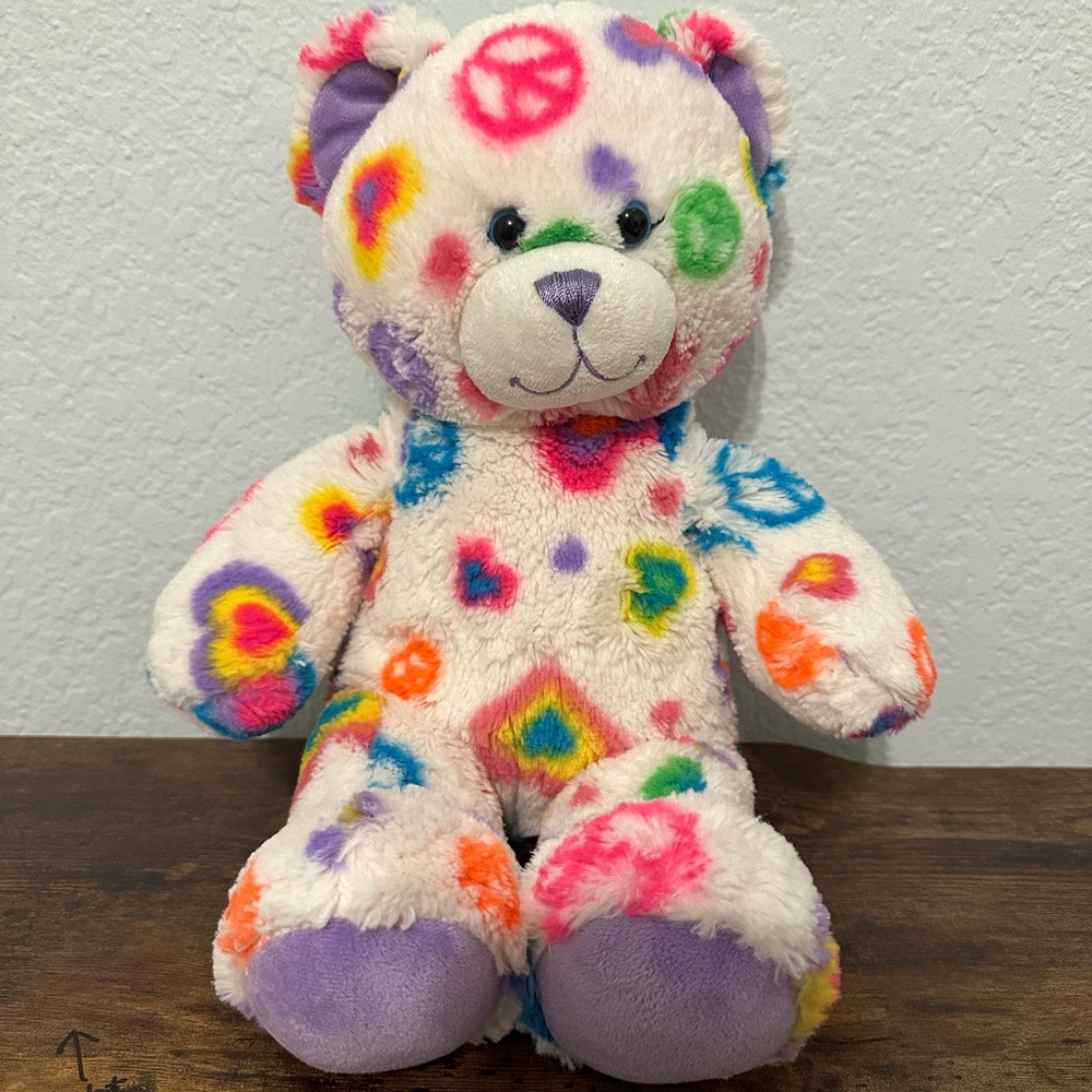 Build a Bear White Rainbow Peace Sign Hearts Bear Purple Feet Neon Colors 16”